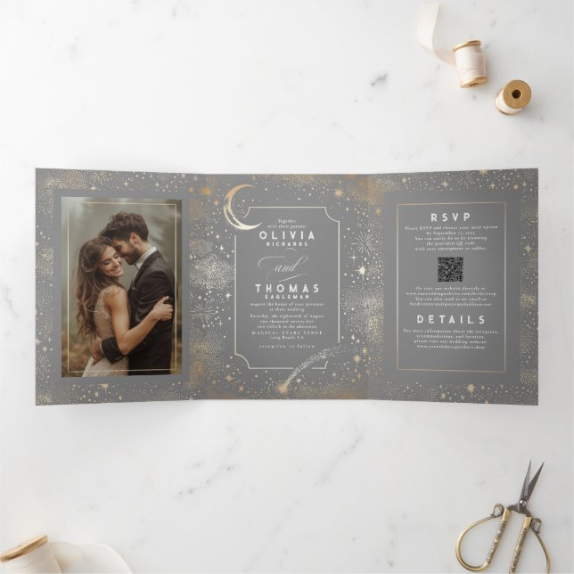 Moon Stars Celestial Grey and Gold Wedding Photo Tri-Fold Invitation (Inside)