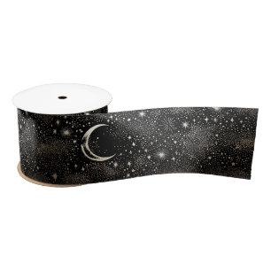 Moon Stars Celestial Mystical Starry Night Black Satin Ribbon