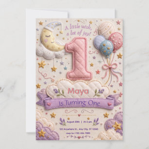 Moon Stars Cloud Girl 1st Birthday Invitation