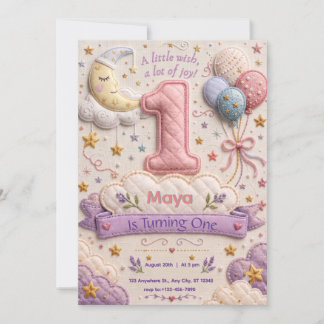 Moon Stars Cloud Girl 1st Birthday Invitation
