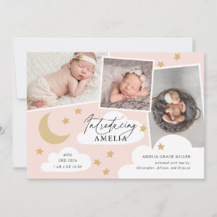 Moon Stars Clouds 3 Photo Collage Pink Birth Annou Announcement