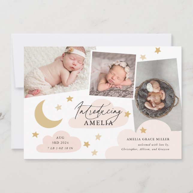 Moon Stars Clouds 3 Photo Collage Pink Birth Announcement (Front)