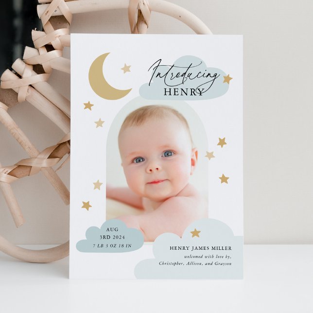 Moon Stars Clouds Arch Photo Baby Blue Birth Announcement (Creator Uploaded)