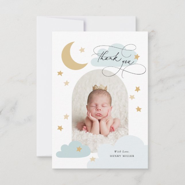 Moon Stars Clouds Arch Photo Blue Thank You Card (Front)