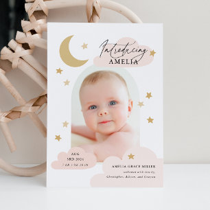 Moon Stars Clouds Arch Photo Pink Blush Birth Announcement