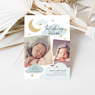 Moon Stars Clouds Collage Photo Baby Blue Birth Announcement