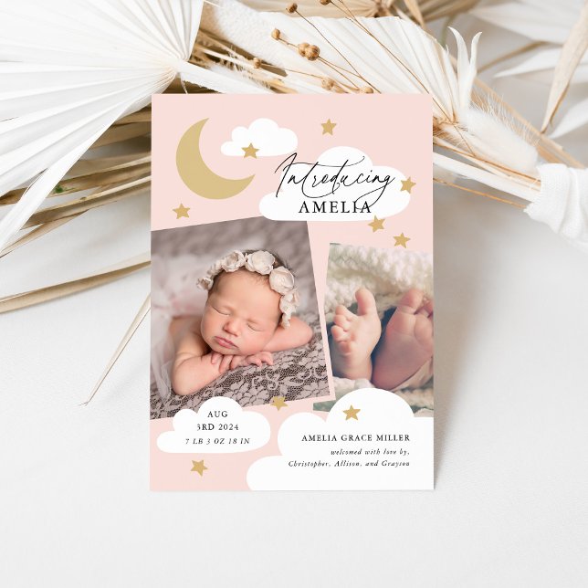 Moon Stars Clouds Collage Photo Pink Birth Announcement (Creator Uploaded)