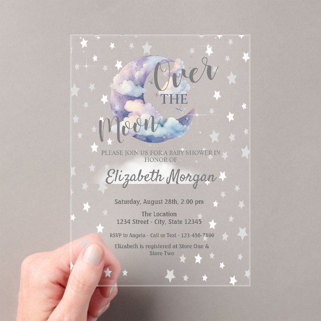 Moon Stars & Clouds Lavender Baby Shower  Acrylic Invitations (Insitu (Handheld))