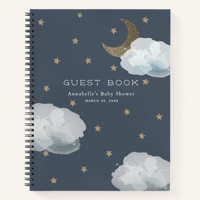 Moon, Stars & Clouds Navy Baby Shower Guest Book (Front)