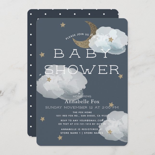 Moon, Stars & Clouds Navy Baby Shower Invitation (Front/Back)