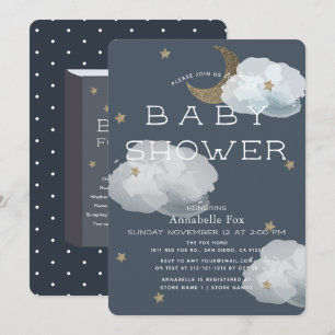 Moon, Stars & Clouds Navy Baby Shower Invitation