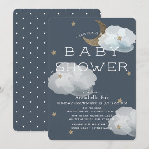 Moon, Stars & Clouds Navy Baby Shower Invitation