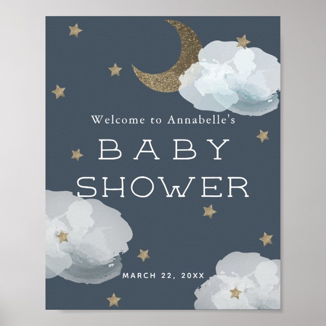 Moon Stars & Clouds Navy Blue Baby Shower Welcome Poster (Front)