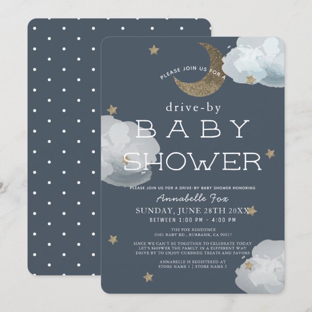 Moon, Stars & Clouds Navy Drive-by Baby Shower Invitation (Front/Back)