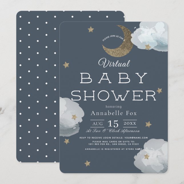 Moon, Stars & Clouds Navy Virtual Baby Shower Invitation (Front/Back)
