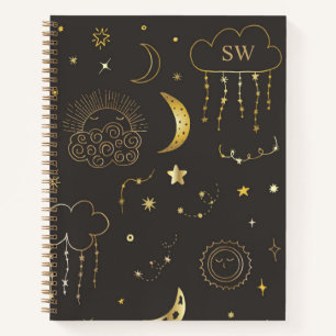 Moon & Stars Constellation Black & Gold Monogram Notebook