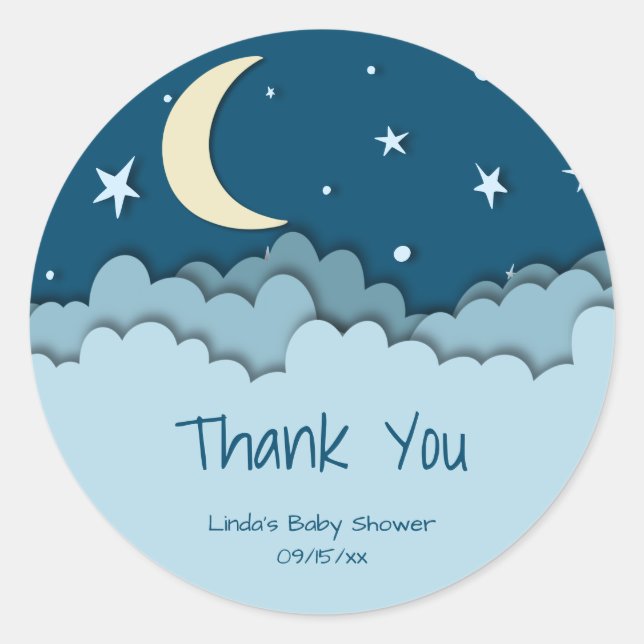 Moon & Stars Dark Blue Thank You Baby Shower Classic Round Sticker (Front)