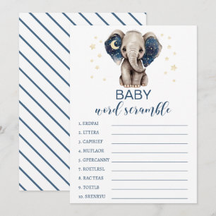Moon stars elephant baby shower word scramble card