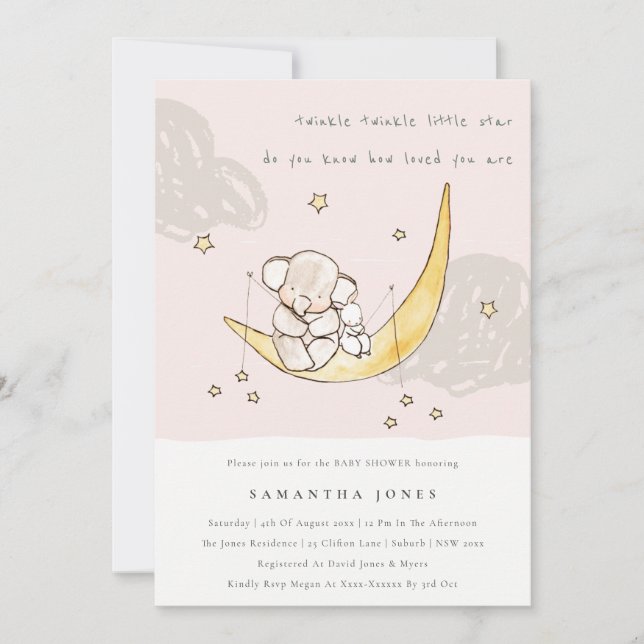Moon Stars Elephant Bunny Girl Baby Shower Invite (Front)