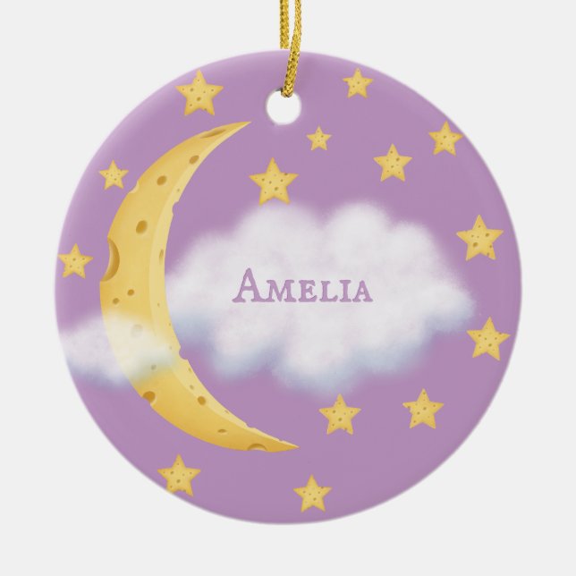 Moon Stars & Fluffy Cloud Lilac Baby Keepsake Ceramic Tree Decoration (Front)