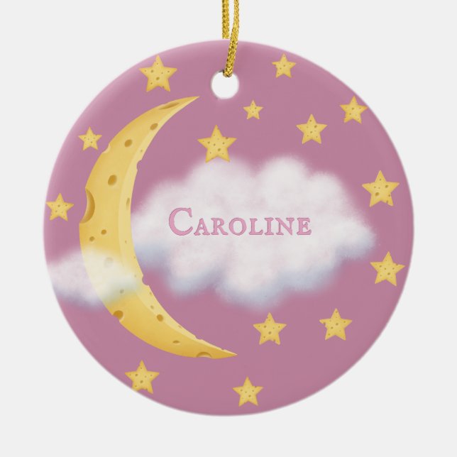 Moon Stars & Fluffy Cloud Rose Baby Keepsake Ceramic Tree Decoration (Front)