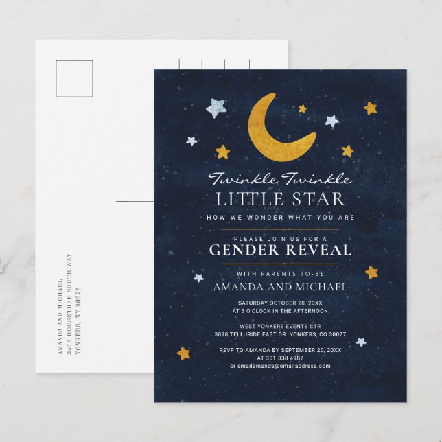 Moon Stars Gender Reveal Couple Navy Blue Invitation Postcard (Front/Back)