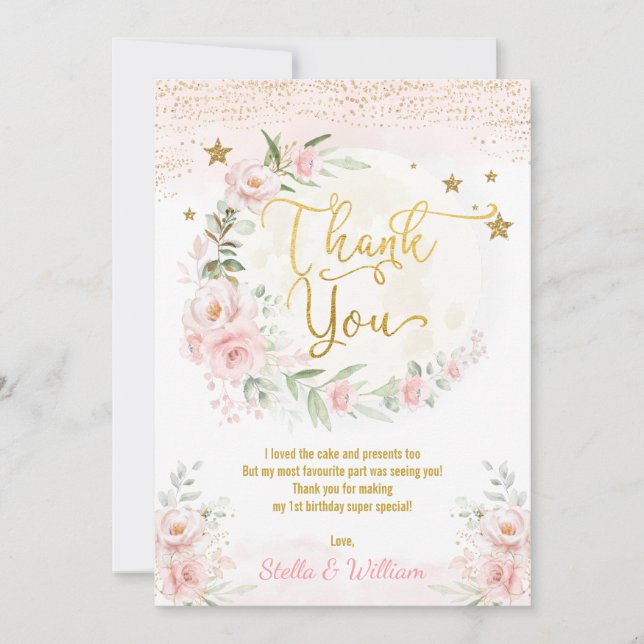 Moon & Stars Girl Birthday Blush Pink Gold Floral  Thank You Card (Front)