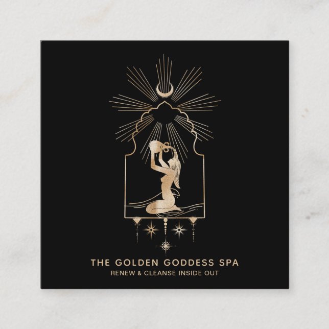 *~* Moon Stars Golden Goddess Sea Bathing Urn Spa Square Business Card (Front)