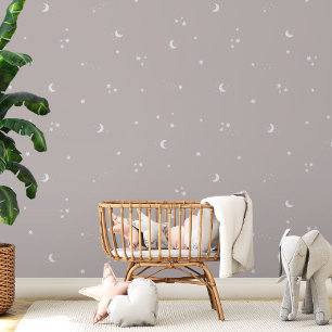 Moon Stars Grey White Baby Nursery Kids Bedroom Wallpaper