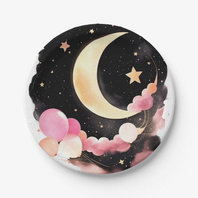 Moon & Stars Magic: Watercolor Baby Girl Shower Paper Plate (Front)
