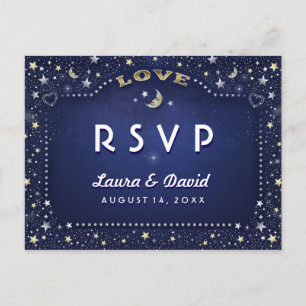 Moon & Stars Navy Blue Gold White Matching RSVP Invitation Postcard