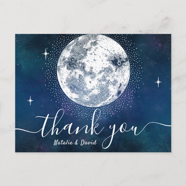 Moon & Stars Navy Blue Wedding Thank You Postcard (Front)