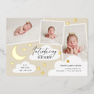 Moon Stars Photo Collage Beige Birth Announcement