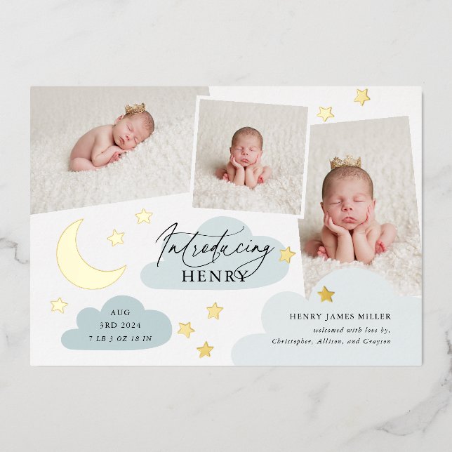 Moon & Stars Photo Collage Blue Birth Announcement (Front)