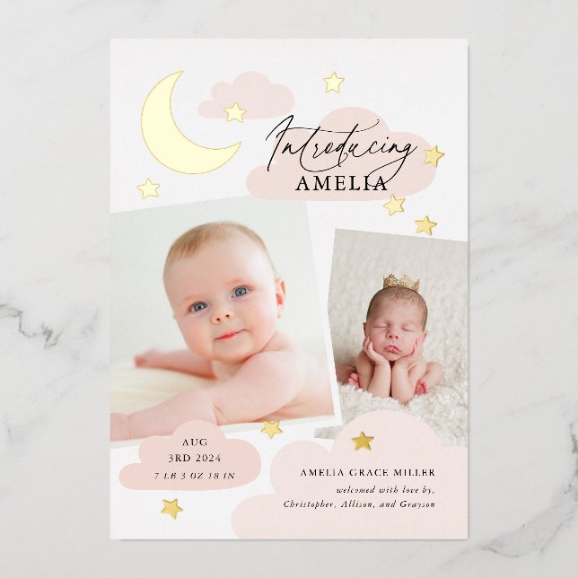 Moon Stars Photo Collage Pink Birth Announcement (Front)