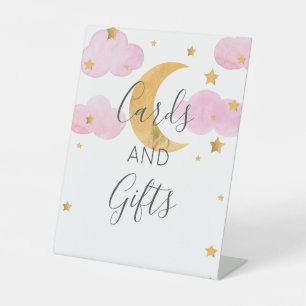 Moon & Stars Pink Baby Shower Cards and Pedestal Sign