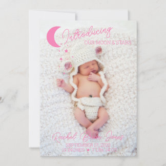 Moon & Stars Pink Photo Birth Announcement 