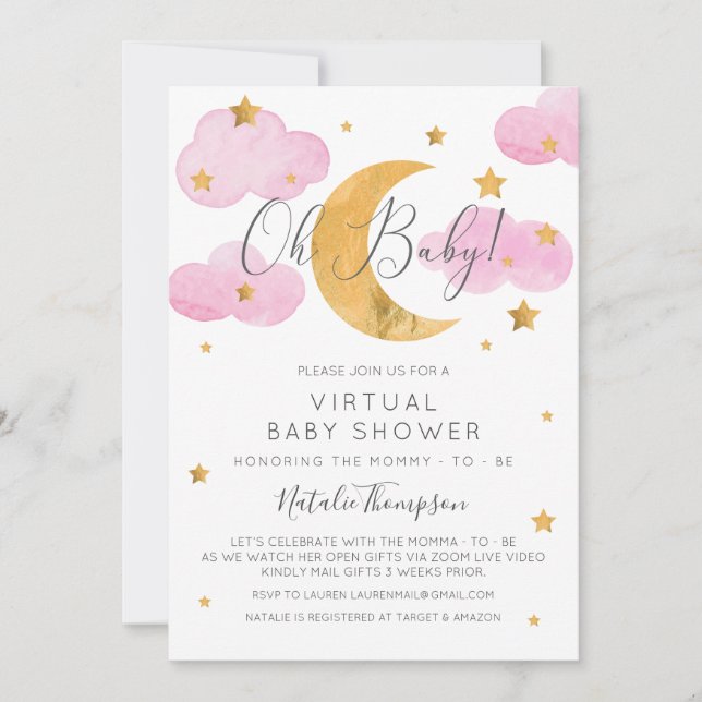 Moon & Stars Pink Virtual Baby Shower Inv Invitation (Front)