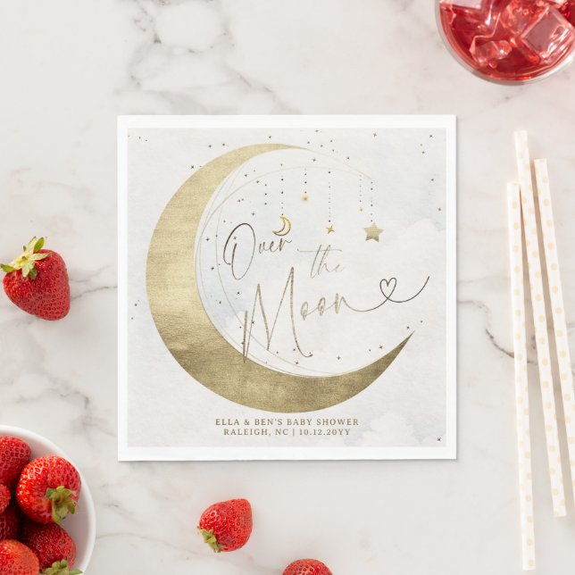 Moon Stars Planet Twinkle White Clouds Baby Shower Napkin (Insitu)