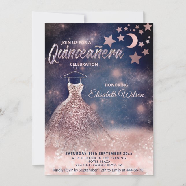 Moon & stars Rose gold glittery dress celestial Invitation (Front)