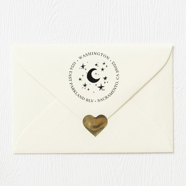 Moon & Stars | Round Family Name Return Address Rubber Stamp (Creator Uploaded)
