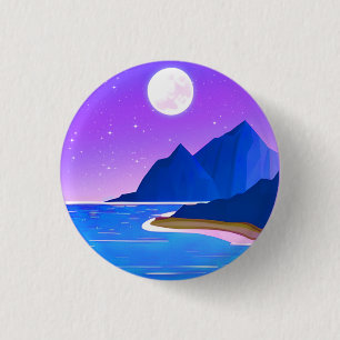 Moon, Stars Sea and Mountains in Violet and Blue 3 Cm Round Badge