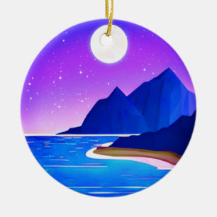 Moon, Stars Sea and Mountains in Violet and Blue   Ceramic Tree Decoration