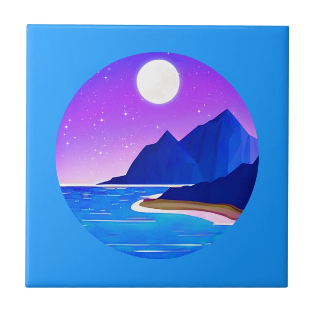 Moon, Stars Sea and Mountains in Violet and Blue  Tile (Front)