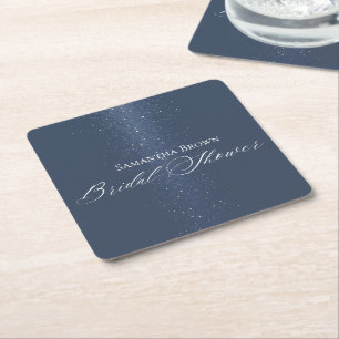 Moon Stars & String Lights Bridal Shower Square Paper Coaster