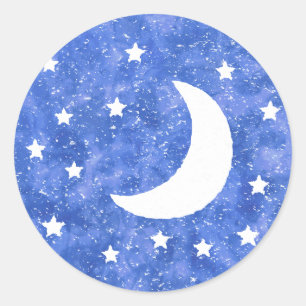 Moon Stars Watercolor Decor Old Print Classic Round Sticker