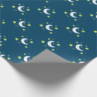 Moon & Stars Yellow on Navy Print Wrapping Paper