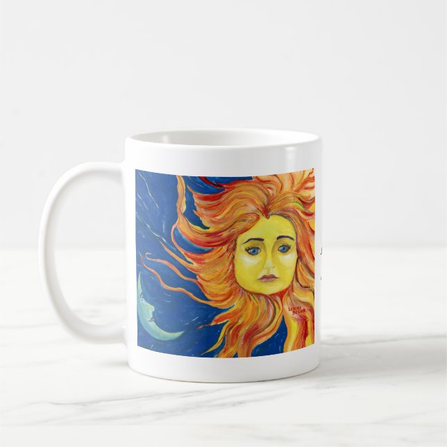 Moon Sun Art Blue, Yellow, Orange Mug, Customise Coffee Mug (Left)