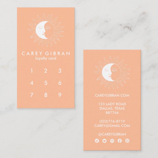 Moon & Sun Chic Elegant Line Drawing Peach Fuzz  Loyalty Card (Front/Back)