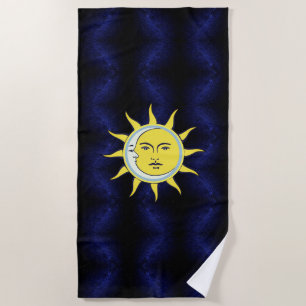 Moon & Sun Conjunction on Navy Blue Galaxy Beach Towel